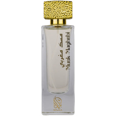 Musk Maghribi Eau de Parfum 75ml från Nylaa - en unisexdoft med sensuella mysknoter och blommiga inslag, perfekt för alla tillfällen.