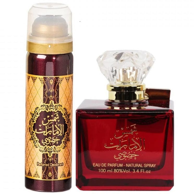 Shams Al Emarat Khususi Eau de Parfum 100ml + Deo 150ml: Lyxig orientalisk doft med fruktiga, kryddiga och blommiga noter.