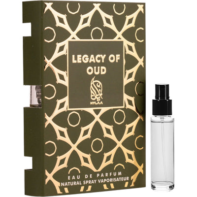 Legacy of Oud Eau de Parfum 2ml från Nylaa: en unisexdoft med djup oud och eleganta, sensuella toner.