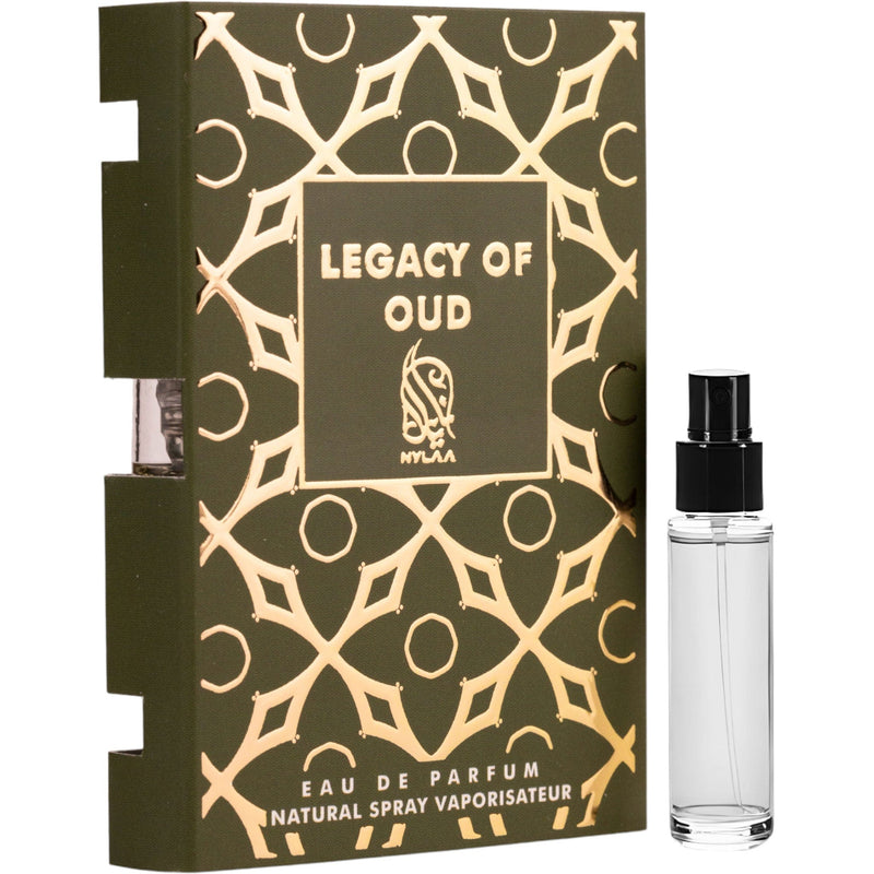 Legacy of Oud Eau de Parfum 2ml från Nylaa: en unisexdoft med djup oud och eleganta, sensuella toner.