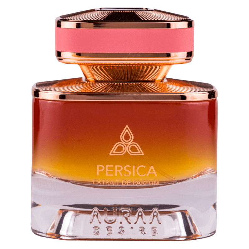 Persica Extrait de Parfum 100ml från Auraa Desire – en unisexdoft med fruktiga och blommiga noter för elegance och sensualitet.