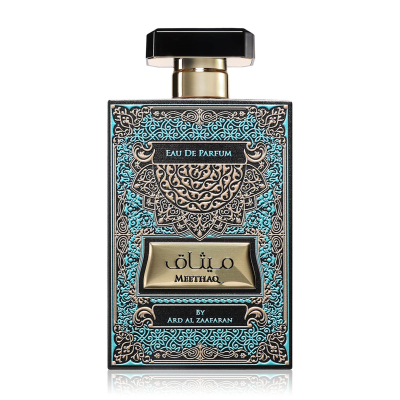 Meethaq Eau de Parfum från Ard Al Zaafaran, 100ml – en förtrollande doft med blommiga och träiga toner som väcker känslor av elegans och mystik.
