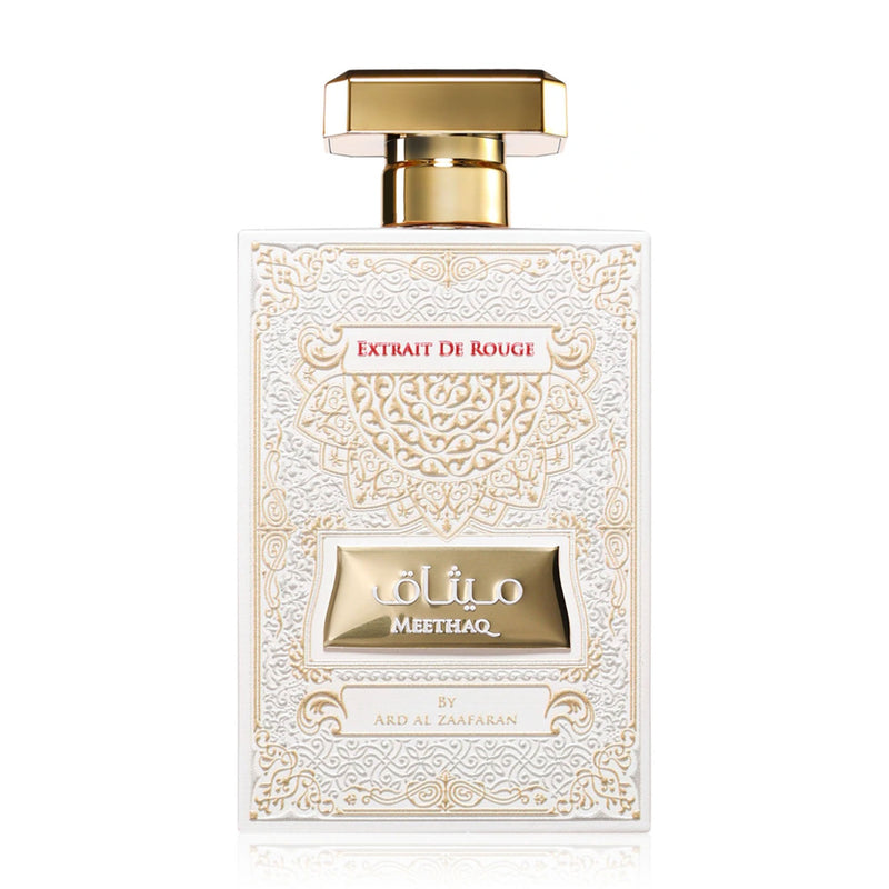 Meethaq Extrait de Rouge Eau de Parfum 100ml från Ard Al Zaafaran - en förförisk doft av blommor och kryddor som väcker känslor av elegans och mystik.